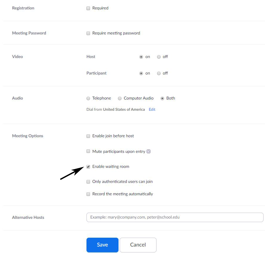 Picture showing the checkbox that allows you to enable a waiting room for your Zoom meeting.