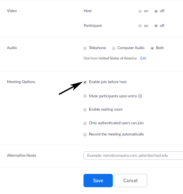 Picture of the checkbox that allows you to enable the join before host option.