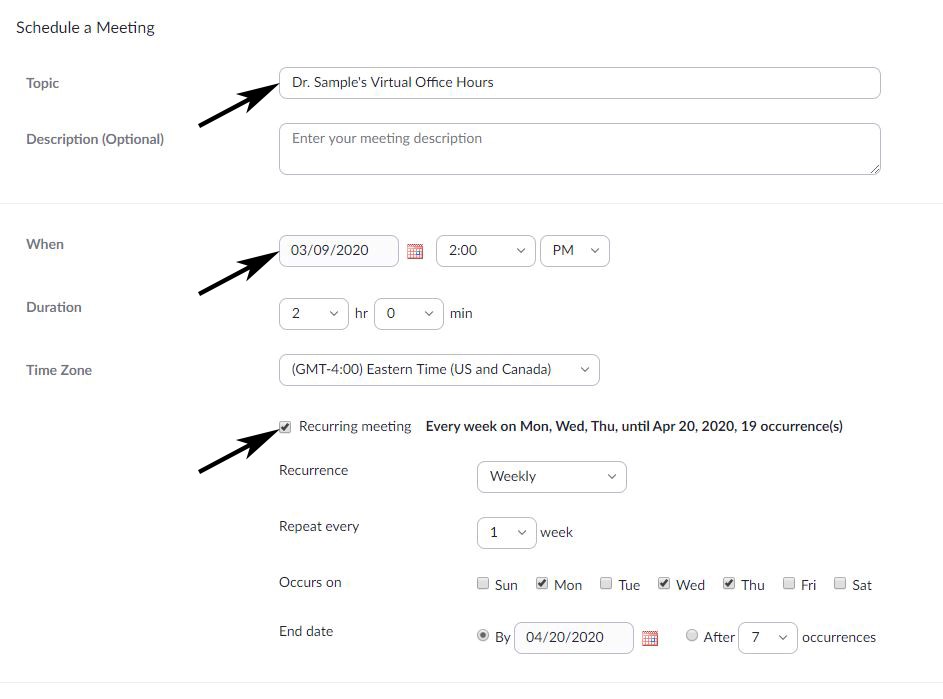 Image showing the options you'll see when scheduling a meeting via Zoom, including Topic, Description, and Recurring dates.