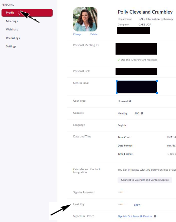 picture of where the host key appears on a user's zoom profile
