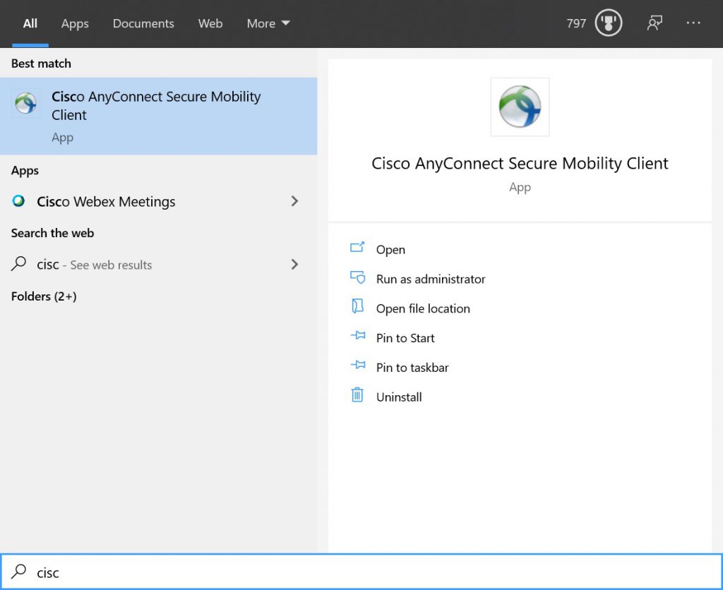 Image showing a Windows 10 desktop search, with a search term of "CIsco," and one result displayed, showing that the "Cisco AnyConnect Secure Mobility Client" is installed.
