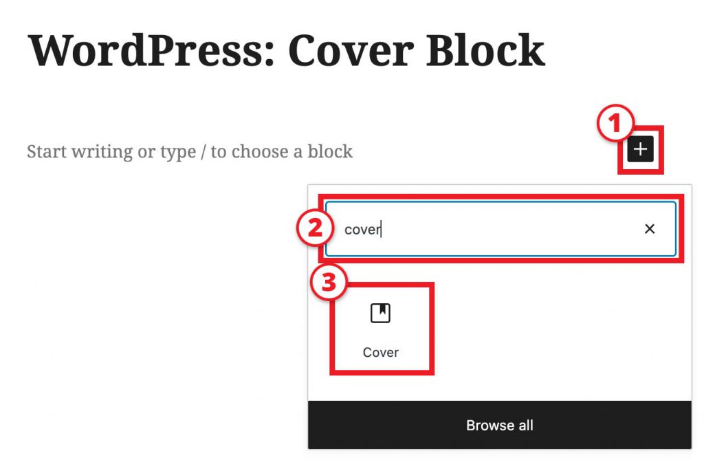 Adding a cover block in the WordPress block editor