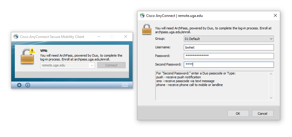 Image showing the login screen for the Cisco AnyConnect VPN, including a separate screen that collects username, password, and method of Duo authentication.