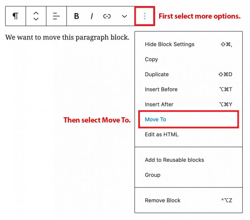 Move a block using Move To option