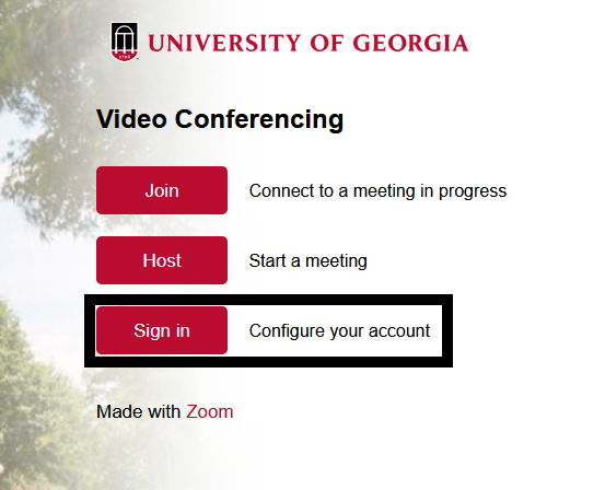 UGA's Zoom Landing Page