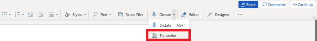 Screenshot of Word Online Title Bar with Dictate dropdown arrow selected