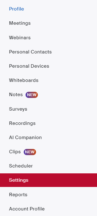 Zoom web portal user settings