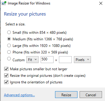 From the Image Resizer for Windows option screen, select the size for your picture and any additional options you want. 