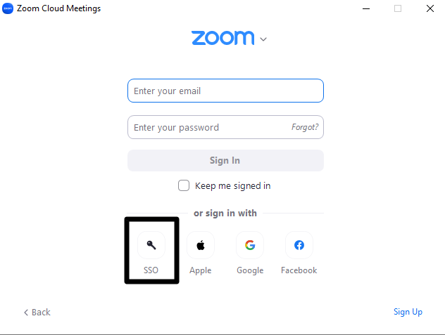 Zoom Desktop Client with SSO highlighted