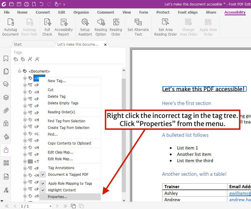 Right clicking the incorrect tag and selecting properties from the menu in Foxit