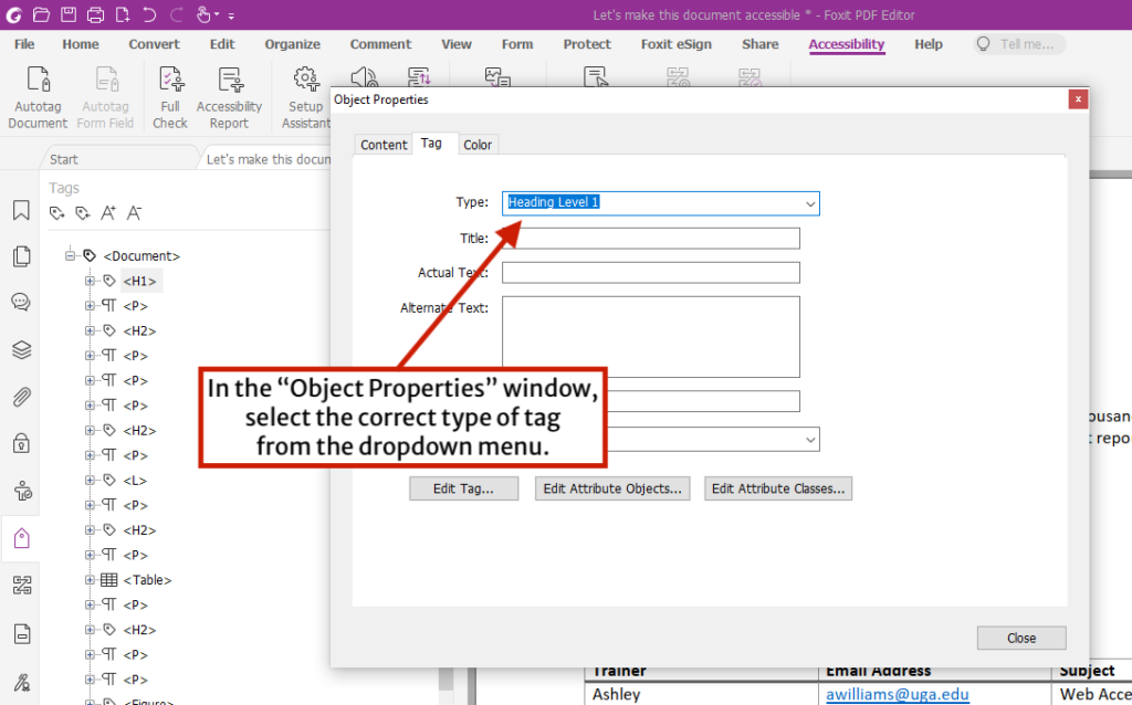 Selecting the correct tag from the type dropdown menu in the Object Properties window of Foxit