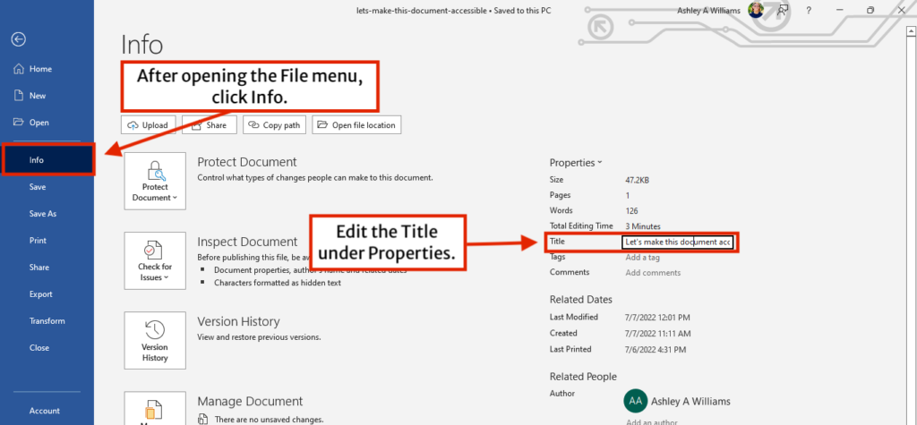 The Info screen in Microsoft Word