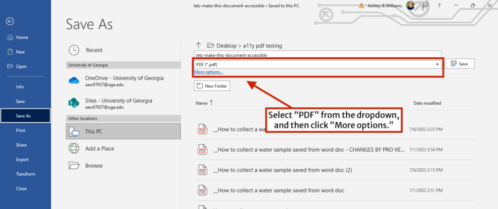 Choosing PDF and selecting the More options link in the Save As screen of Microsoft Word