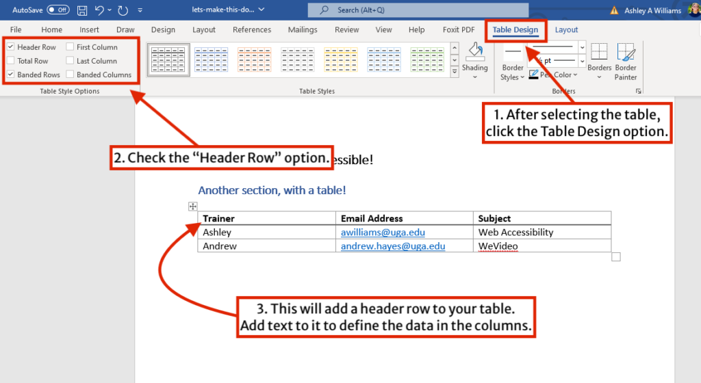 Adding a table header in Microsoft Word