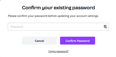 Canva Password update screen