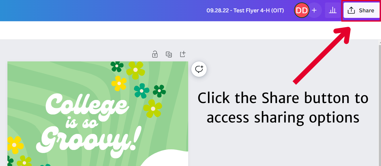 Canva Design: Click the Share button to access sharing options with arrow pointing to Share button in upper-right hand corner