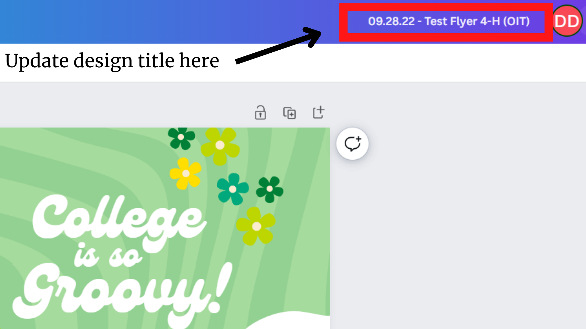 Canva design, Update design title here with arrow pointing to title field (highlighted)