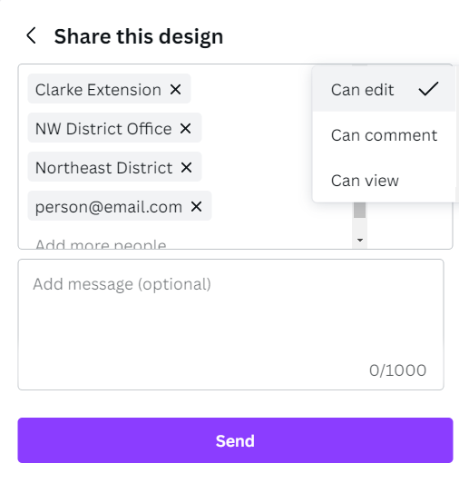 Canva share screen with Clarke Extension, NW District Office, Northeast District, and person@email.com in the "To:" field