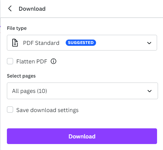 Canva download showing file type (png) suggested and select pages option