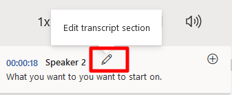 Word Transcribe panel with 'edit transcript section' button selected