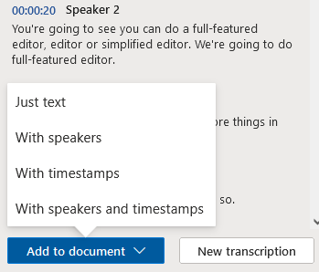 Word trancribe panel, adding transcript to document