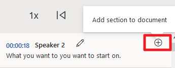 Word Transcibe panel with 'add section to document' button selected