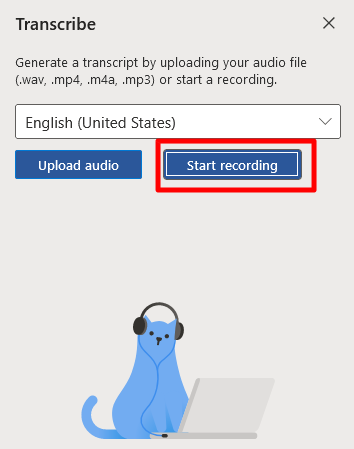 Word Transcribe panel, 'Start recording' selected