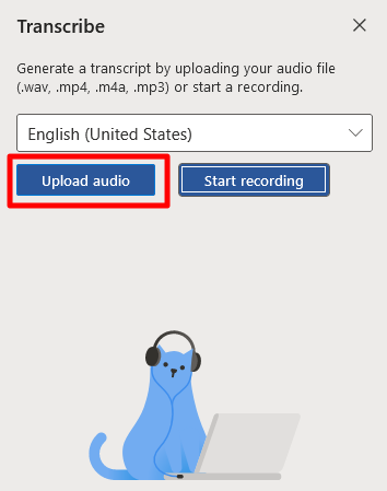 Word Transcribe panel, 'Upload audio' selected