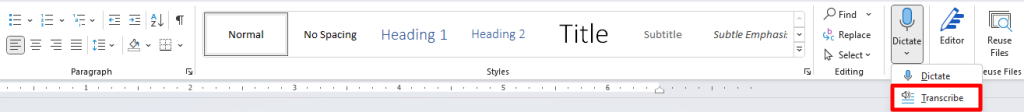 Screenshot of Word (local client), Transcribe button highlighted