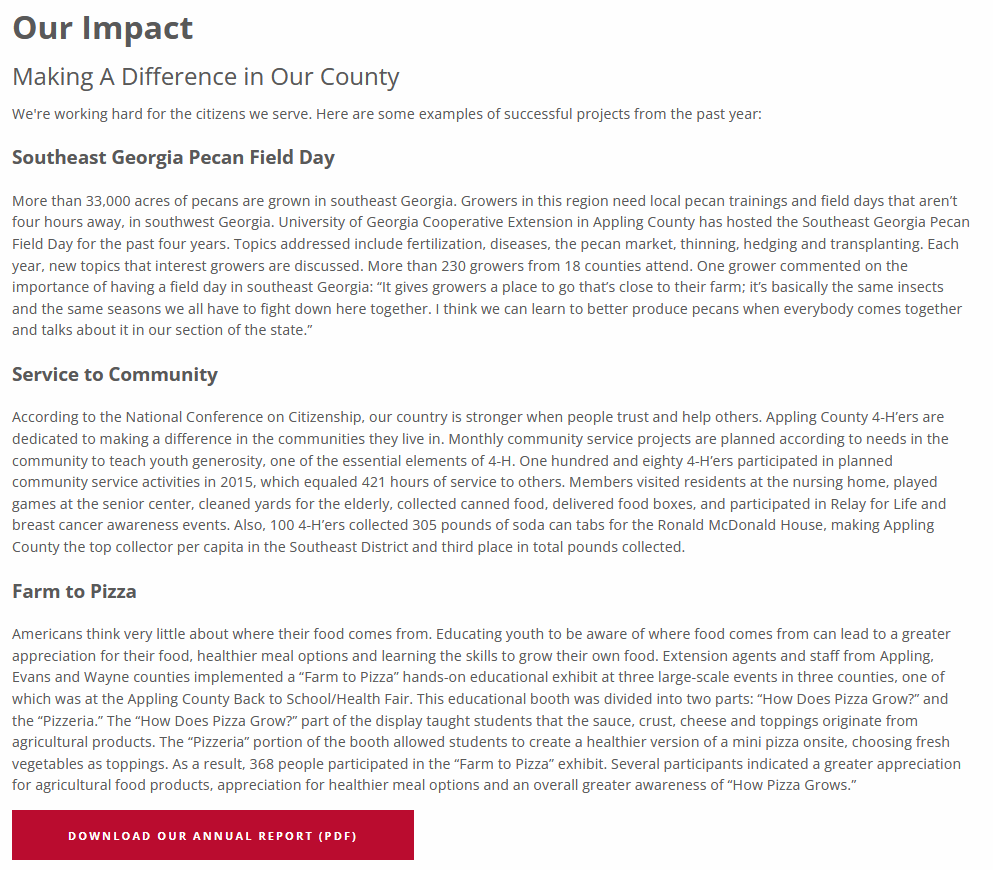 County Impact page paragraph from the county website.