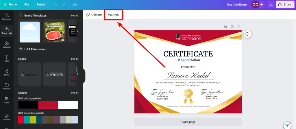 Canva editing screen, Position is highlighted with an arrow pointing to the highlight