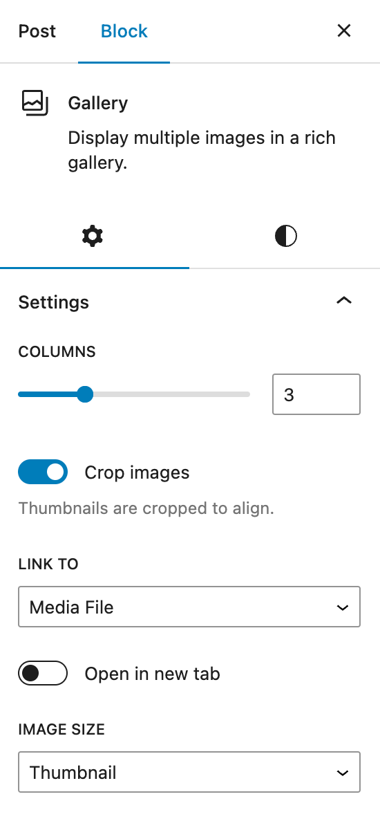 First tab of Gallery settings. Includes options for columns, crop images, link to, open in new tab, and image size.