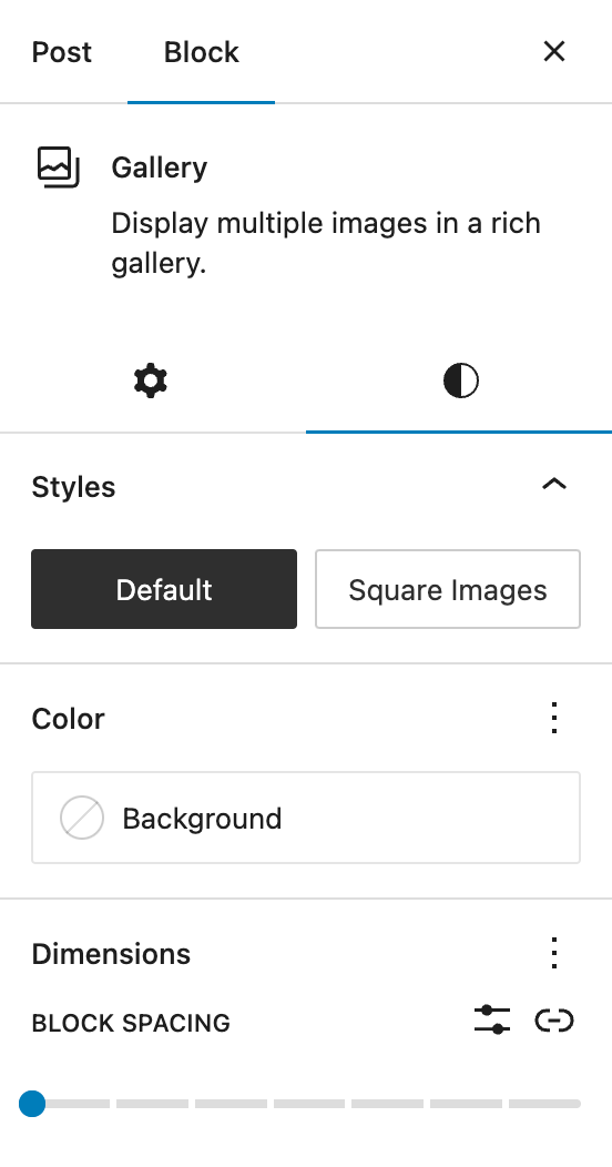 First tab of Gallery settings for Styles. Includes options for square images, background color, and block spacing.