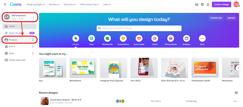 Canva home page, clicking Projects