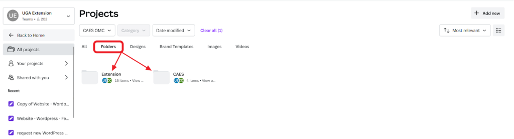 Canva projects, circling Folders with arrows pointing to Extension and CAES