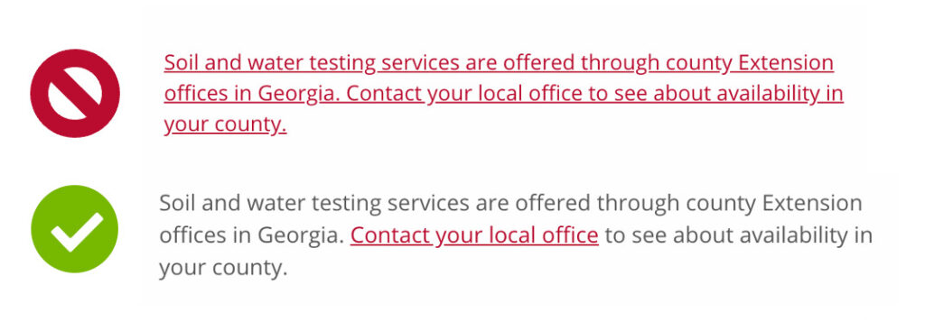 A bad example of link text where an entire paragraph is hyperlinked, next to a good example where a specific call to action is linked