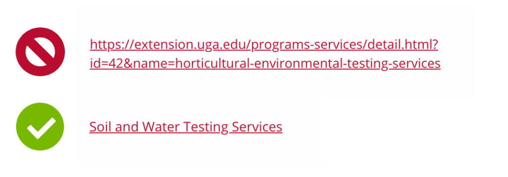 A bad example of a link where a long web address is the link text, and a good example where the title of the page being linked is the link text