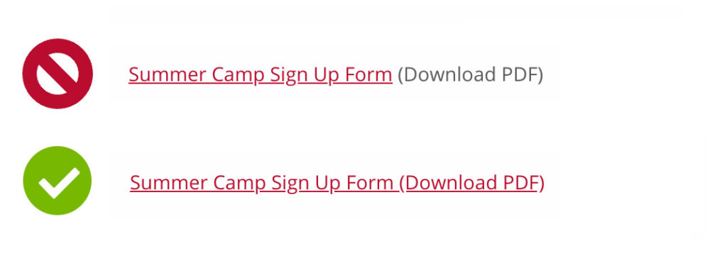 A bad example of a PDF document linked without the format in the link text, and a good example where the format is included at the end of the link text