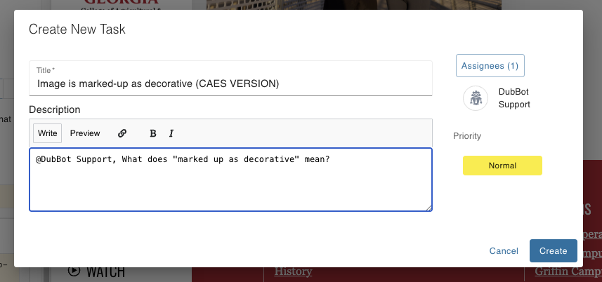Create a New Task Window. The task is assigned to DubBot Support. The Description reads "@DubBot Support, What does 'marked up as decorative' mean?"