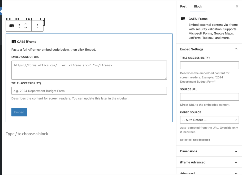 Screenshot of editor where you insert CAES iFrame block.