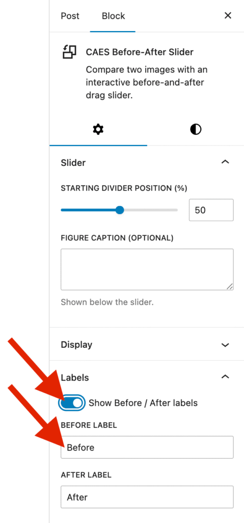 The Slider panel in the Block settings sidebar, with red arrows pointing to the Starting divider position slider, set to 50, and to the empty Figure caption field below it.