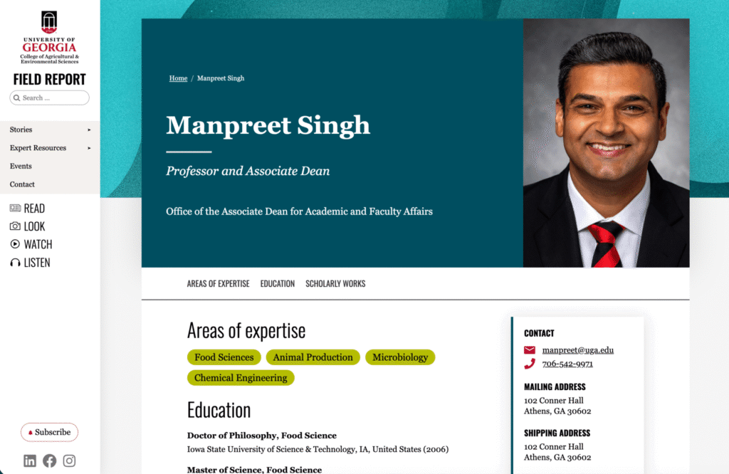Example of Field Report Profile page for CAES faculty