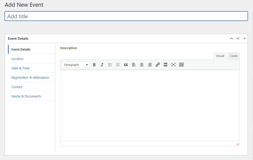 Add New Event view in WordPress