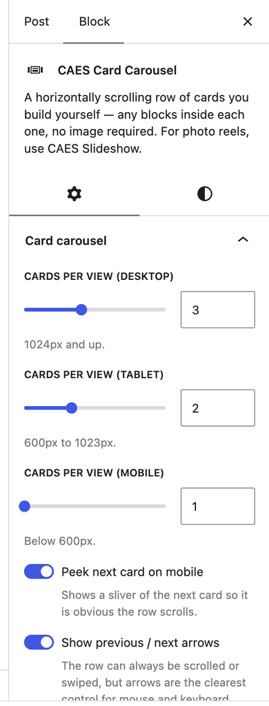 Screenshot of Card Carousel settings on right sidebar.
