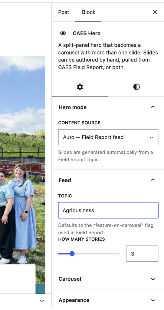 Screenshot of Hero settings on right sidebar, selected Field Report on Hero mode.