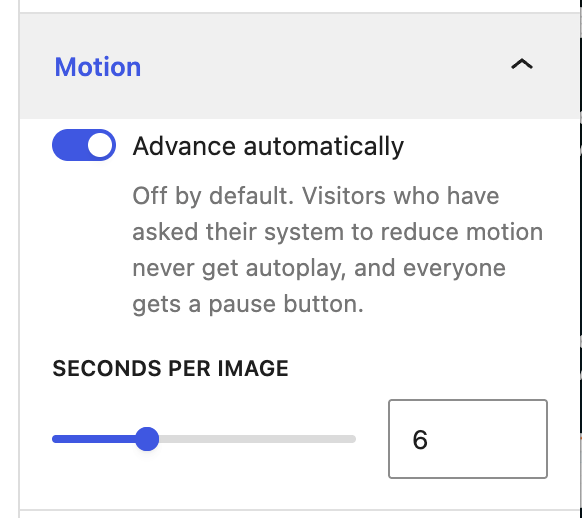 Screenshot of Slideshow setting's Motion panel on the right sidebar.