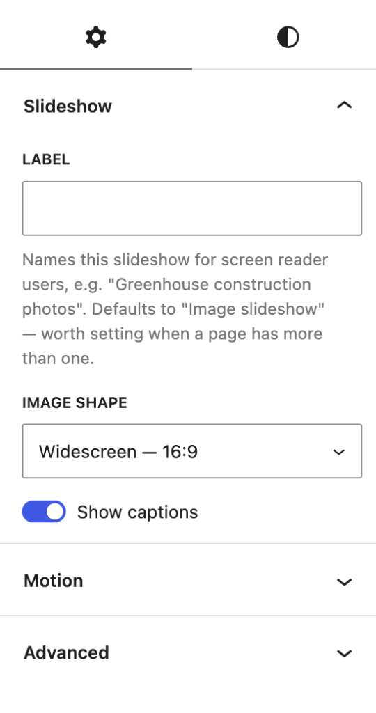 Screenshot of CAES Slideshow settings, showing fields for label, image shape, and show captions.